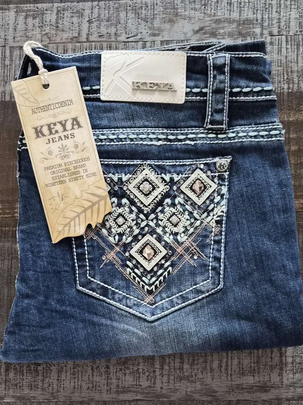 Authentic Keya Bootcut Easy Fit Jeans GORGEOUS Colored Stitching 33" Ins BNWT!